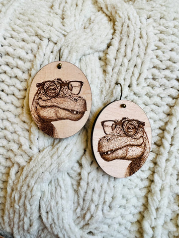 T-Rex with Glasses Wooden Earrings