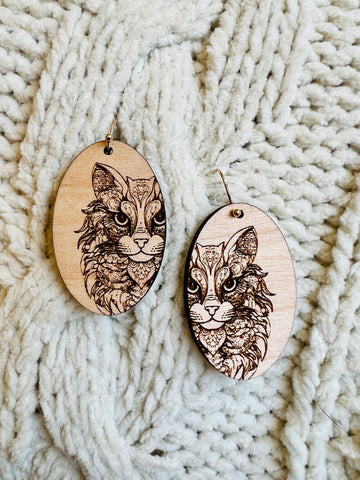 Mandala Cat Wooden Earrings