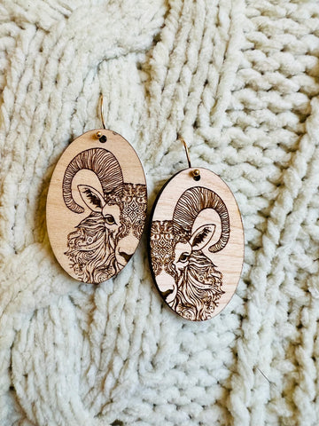 Mandala Goat Wooden Earrings