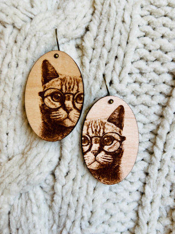 Cat with Glasses Wooden Earrings